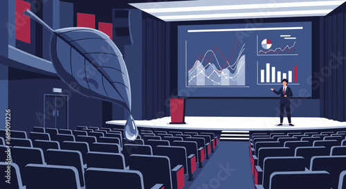 Environmental conference on a stage with a presenter and a leaf design element representing ecology