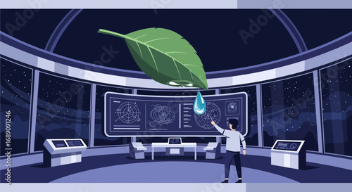 Futuristic environmental research in a space station promoting conservation efforts