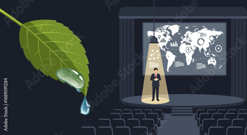 Global sustainability presentation with leaf and water droplets emphasizing environmental