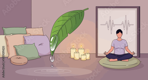 Illustration depicting meditation practice for relaxation and mindfulness in a serene setting