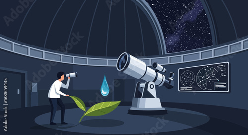 Illustration of a Researcher Connecting Nature and Water to Astronomical Research Discoveries