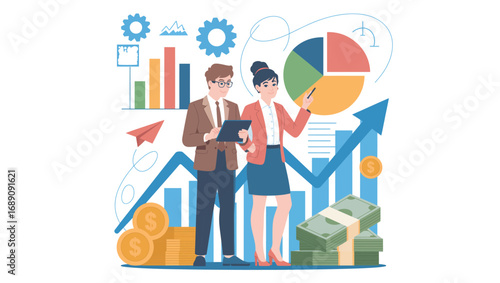 Business Team Analyzing Financial Growth with Charts Graphs and Data Analysis Displaying Investment Strategy and Profitability with Coins and Currency