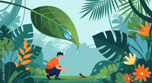 Man observing nature in lush tropical forest under a large leaf with water droplets showcasing