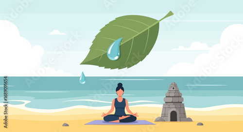 Mindful meditation on a peaceful beach illustration blending nature and serenity enhancing wellbeing