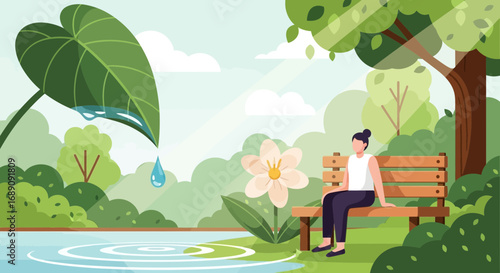 Serene park scene with a woman on a bench enjoying nature and tranquil environment