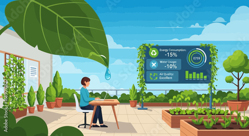 Sustainability concept showcasing energy water reduction and excellent air quality environment