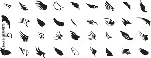 Collection of Diverse Wing Silhouettes in Black and White for Graphic Design and Illustrative Purposes Offering a Variety of Styles and Shapes for Creative Projects
