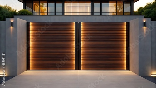 Wallpaper Mural Dark teak wooden gate illuminated horizontal planks Torontodigital.ca