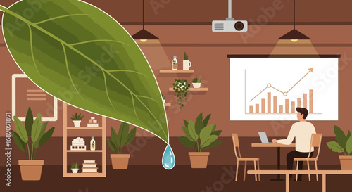 Sustainable business growth concept, depicting a green company thriving with eco-friendly