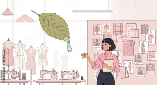 Sustainable fashion designer inspired by nature in her studio creating eco clothing