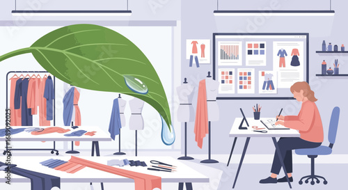 Sustainable fashion design concept, creative designer working, eco-friendly garment industry
