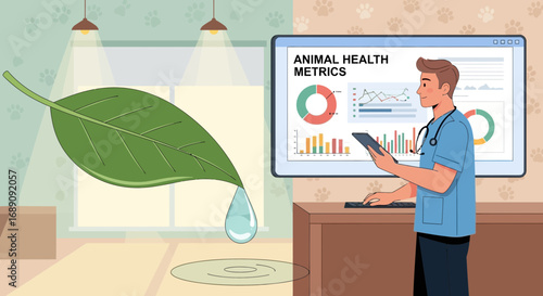 Veterinarian Analyzing Animal Health Metrics with a Focus on Natural Remedies and Sustainability