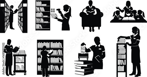 Librarian organizing books, scanning barcodes, assisting children, reading, shelving, due date stamp, managing library system, literacy, education, book cart.