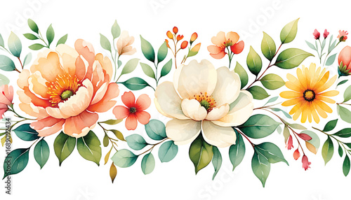 Beautiful Watercolor Floral Border with Blooming Flowers and Green Leaves for Design