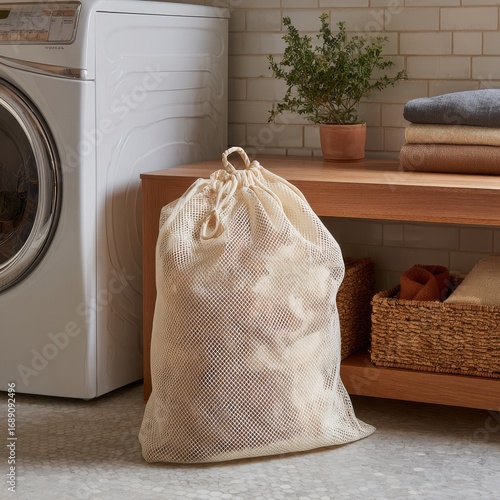 Full laundry bag filled with clothes sitting on the floor next to a washing machine and shelf with folded towels