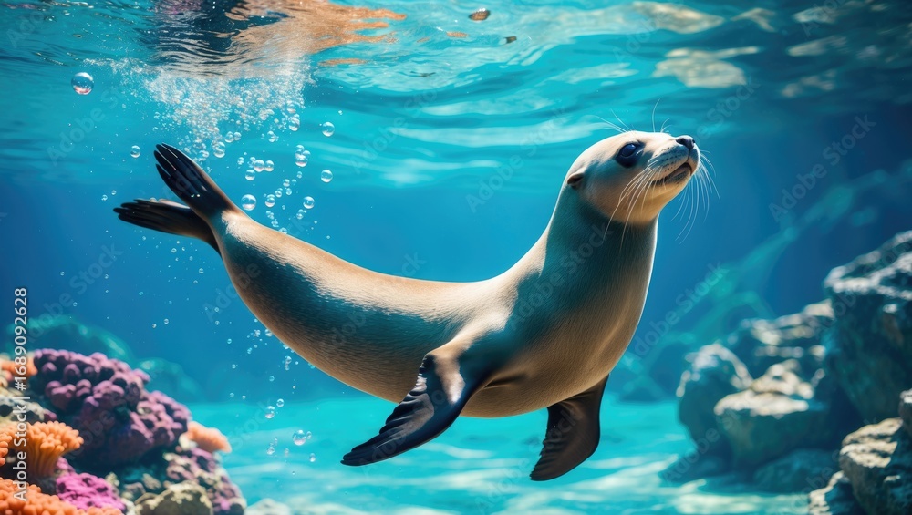 Obraz premium Sea lion swimming underwater near colorful coral and rocks. Marine animal, underwater wildlife. Ocean environment, aquatic life, sea creature.