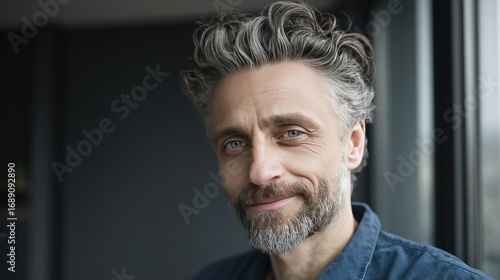 Portrait of a mature man with grey wavy hair and blue eyes, wearing a blue shirt, smirking slightly, against a blurred, dark background near a window