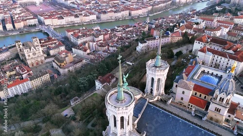Drone view of Lyon with Fourviere Basilica towers Saone river and Saint Jean Cathedral