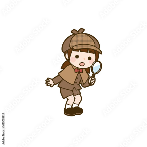 A cartoon illustration of a young girl dressed as a detective, holding a magnifying glass.