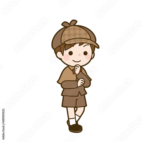 A cartoon illustration depicts a young boy dressed as a detective, pondering a mystery.