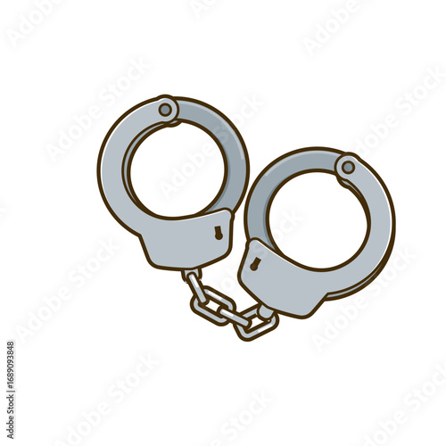 A pair of metallic handcuffs, closed and linked, depicted in a simple, cartoonish style.