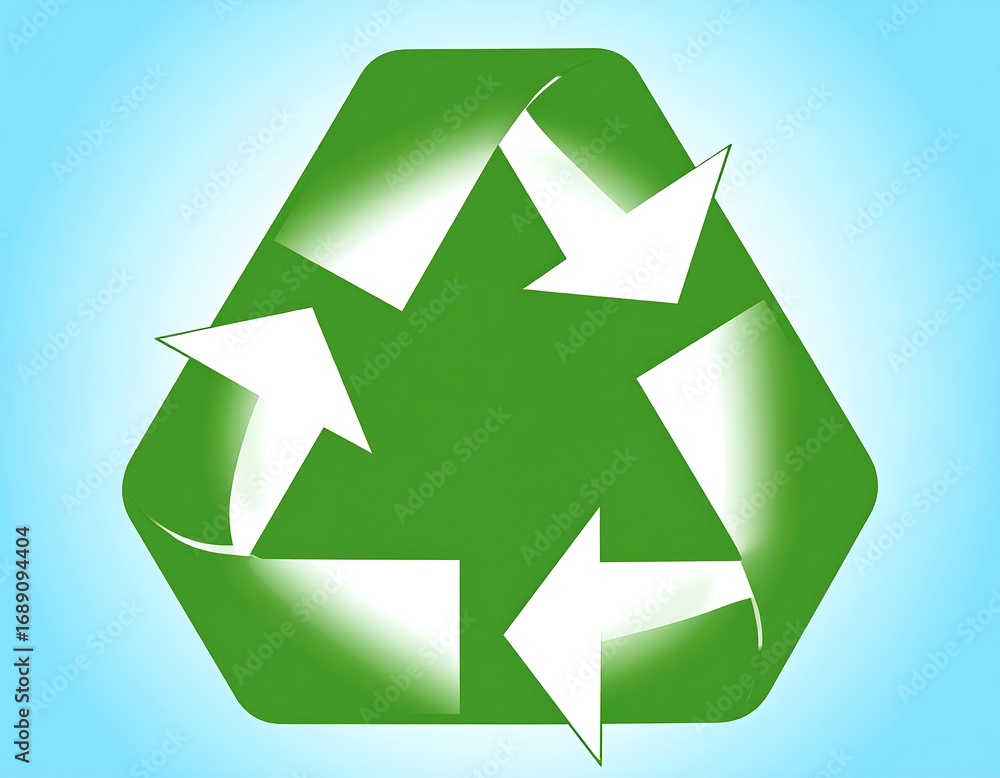 Fototapeta premium Green recycling symbol on light blue background