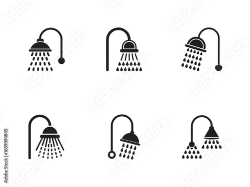 Collection of shower head icons in black silhouette representing bathroom fixtures and plumbing supplies for hygiene and cleanliness