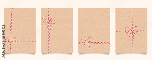 Kraft paper gift wrap with red white twine. Christmas eco packaging with bow background set. Minimalist craft handmade present wrapping. Gift card, poster, banner, invitation, flyer template. 
