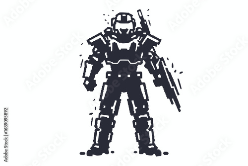 Silhouette of Armored Soldier Armed, Pixel Art Style on White Background