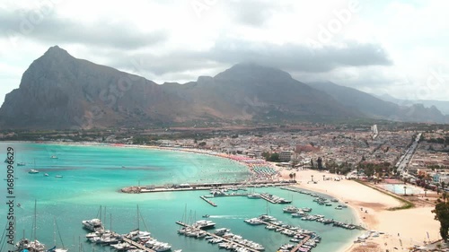 Wide Drone View of San Vito Lo Capo Coastline with Turquoise Sea, Famous Tourist Destination Sicily Italy