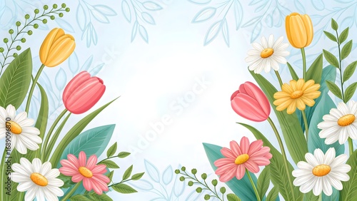 Floral Border Background with Tulips and Daisies on White Space