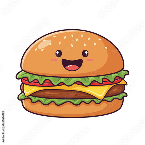 Adorable cartoon cheeseburger character with a happy smiling face. A cute kawaii food illustration isolated on a white background