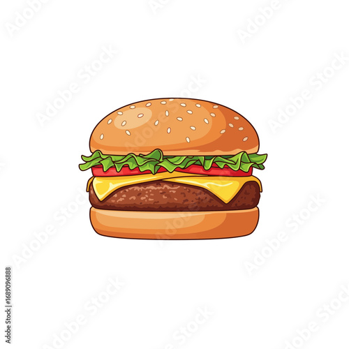 Classic American cheeseburger illustration with a juicy beef patty, cheddar cheese, and fresh vegetables. A tasty symbol of fast food culture and delicious junk food