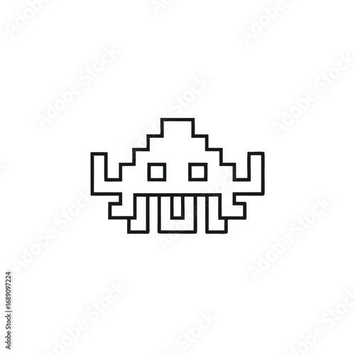 Simple Pixel Art Alien, Retro Mascot Character, Outline on White Background