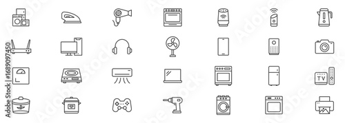 Home Appliances thin icons .Related icon set of household, kitchen machines: blender, food processor, mixer, coffee maker, toaster, and more vector line icon collection