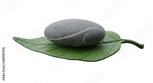 3d inner peace clay icons stone with white lines on a green leaf isolated on transparent background