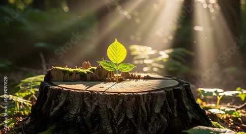 New Life - Sunlight Illuminates a Sprout on a Tree Stump.