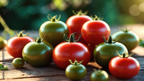 Colorful tomatoes on rustic wood with green and red hues. Fresh produce and natural setting. The image of ripe, organic tomatoes in a garden or farm environment.