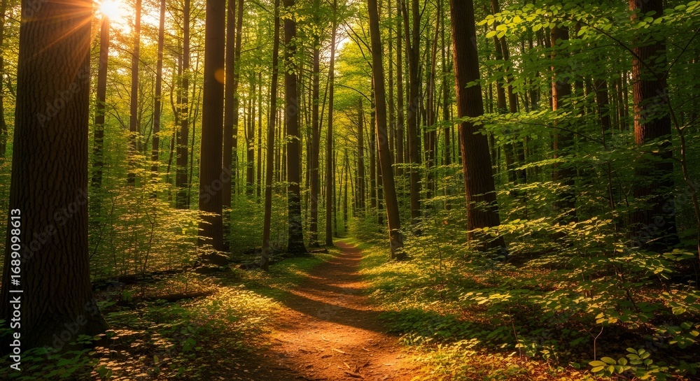 Naklejka premium Sunlight filtering through lush green forest trees and path.