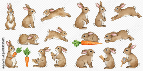 A charming collection of watercolor brown rabbits in various poses, such as sitting, running, jumping, and eating carrots.