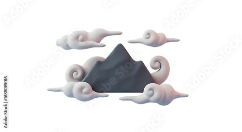 3d inner peace clay icons mountain peak surrounded by swirling clouds isolated on transparent background