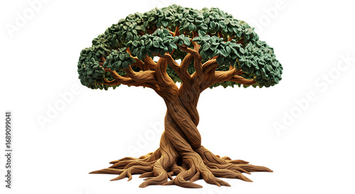 3d inner peace clay icons stylized green tree with twisted trunk isolated on transparent background