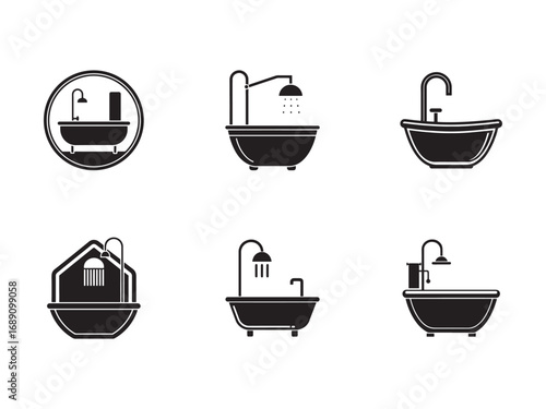 Collection of Six Unique Bathtub Icons in Black Silhouette Style on a White Background Perfect for Bathroom Design and Decor Projects