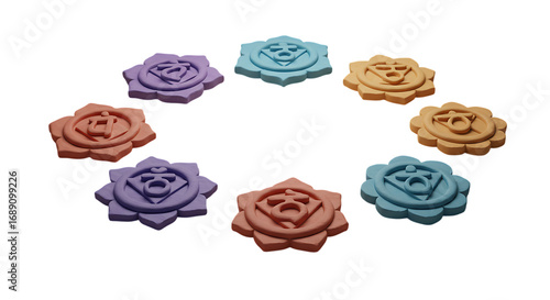 3d inner peace clay icons chakra symbols arranged in a circle isolated on transparent background