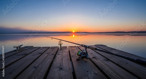Fishing rods casting at sunrise lakeside dock