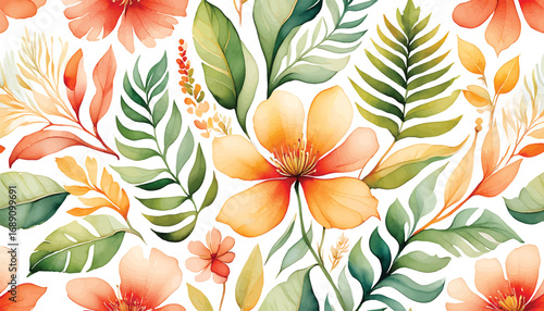 Vibrant Watercolor Floral Pattern with Orange and Green Hues