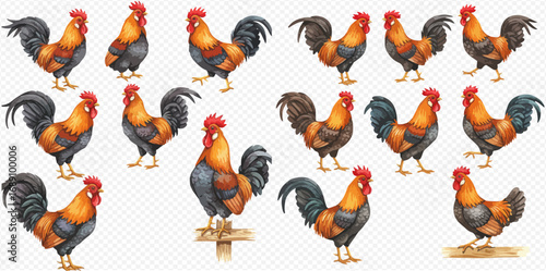A collection of beautifully illustrated roosters with colorful orange and black feathers in various standing poses.