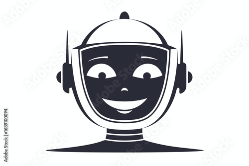 Smiling Dark Robot Head with Antenna on White Background