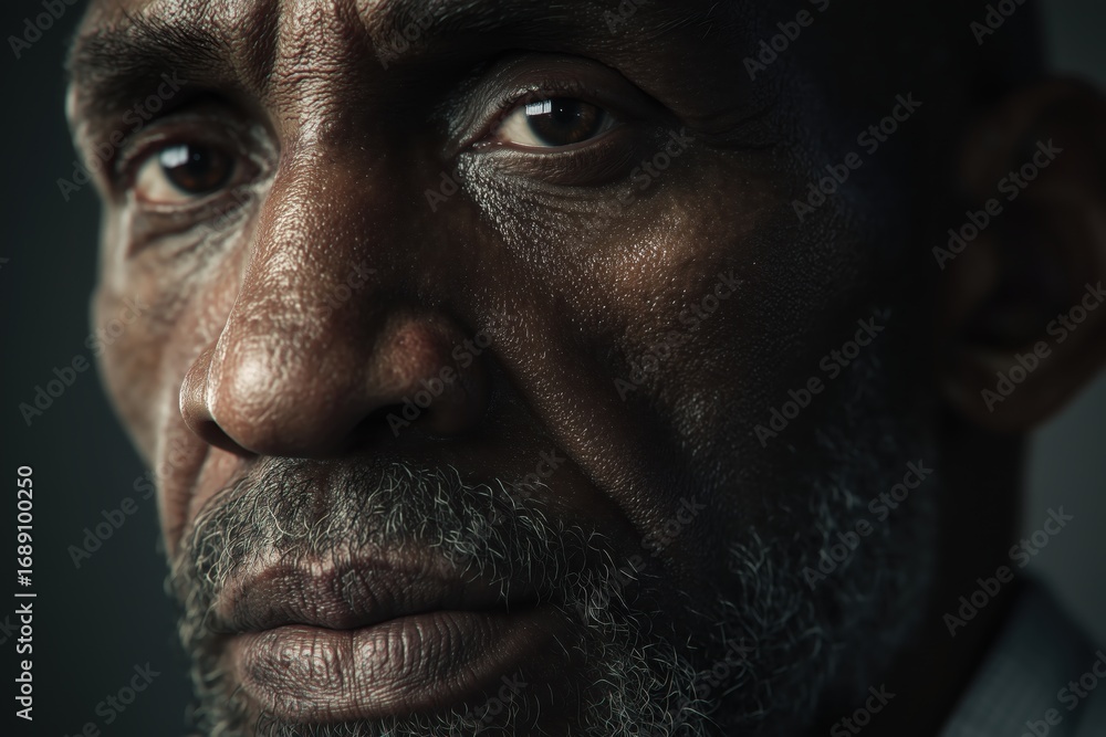 Obraz premium An elderly African man, generative ai illustration. Detailed portrait showing wrinkles, aged skin texture, gray hair, and natural facial expression.