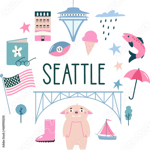Seattle city landmark and culture element vector illustration